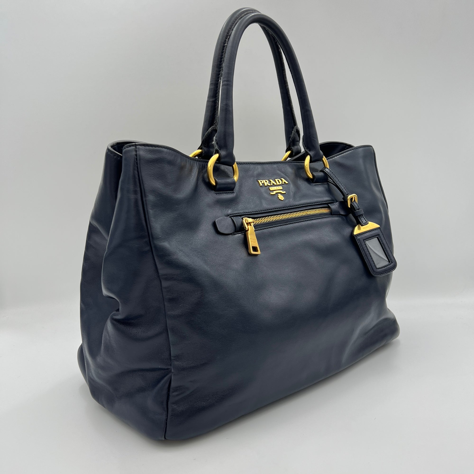 Vitello Shine Navy Top Handle Bag in Calfskin, Gold hardware