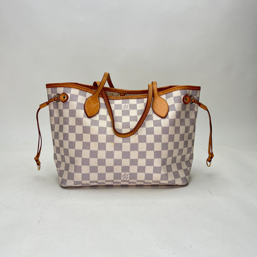 Neverfull Damier Azur PM White Tote Bag in Coated Canvas, Gold hardware