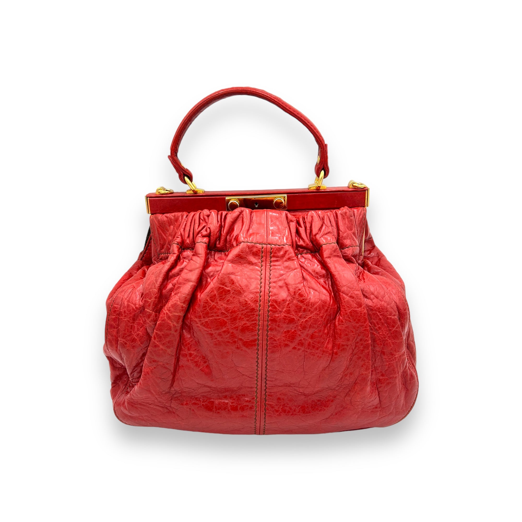 Vitello Lux Frame Red Top Handle Bag in Distressed Leather, Gold hardware