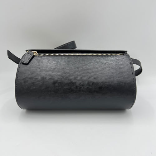 Pandora Medium Black Top Handle Bag in Calfskin, Light Gold hardware