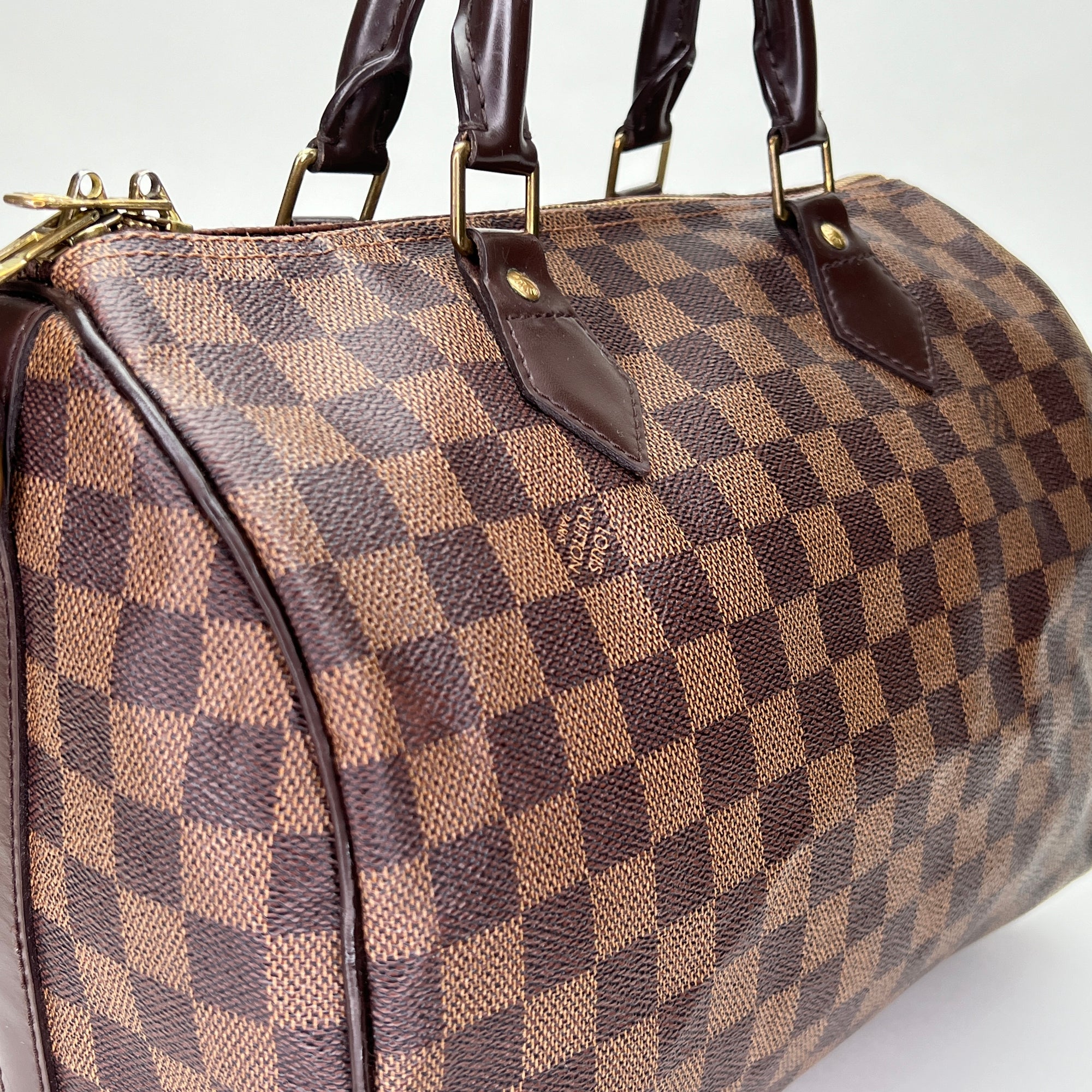 Speedy Bandouliere 30 Damier Ebene Top Handle Bag in Coated Canvas, Gold hardware