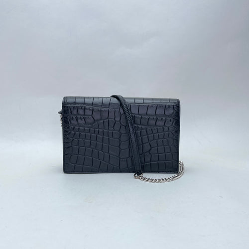 Kate Tassel Small Black Wallet on Chain in Crocodile Embossed Calfskin, Silver hardware