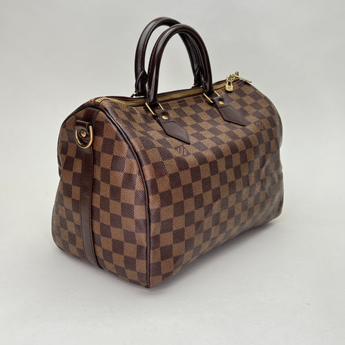 Speedy Bandouliere 30 Damier Ebene Top Handle Bag in Coated Canvas, Gold hardware