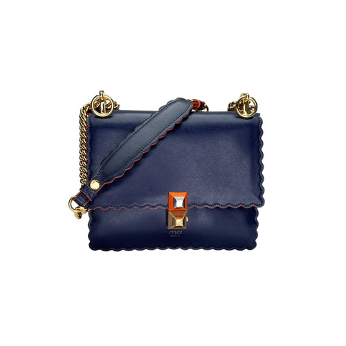 Kan I Small Navy Shoulder Bag in Calfskin, Gold hardware