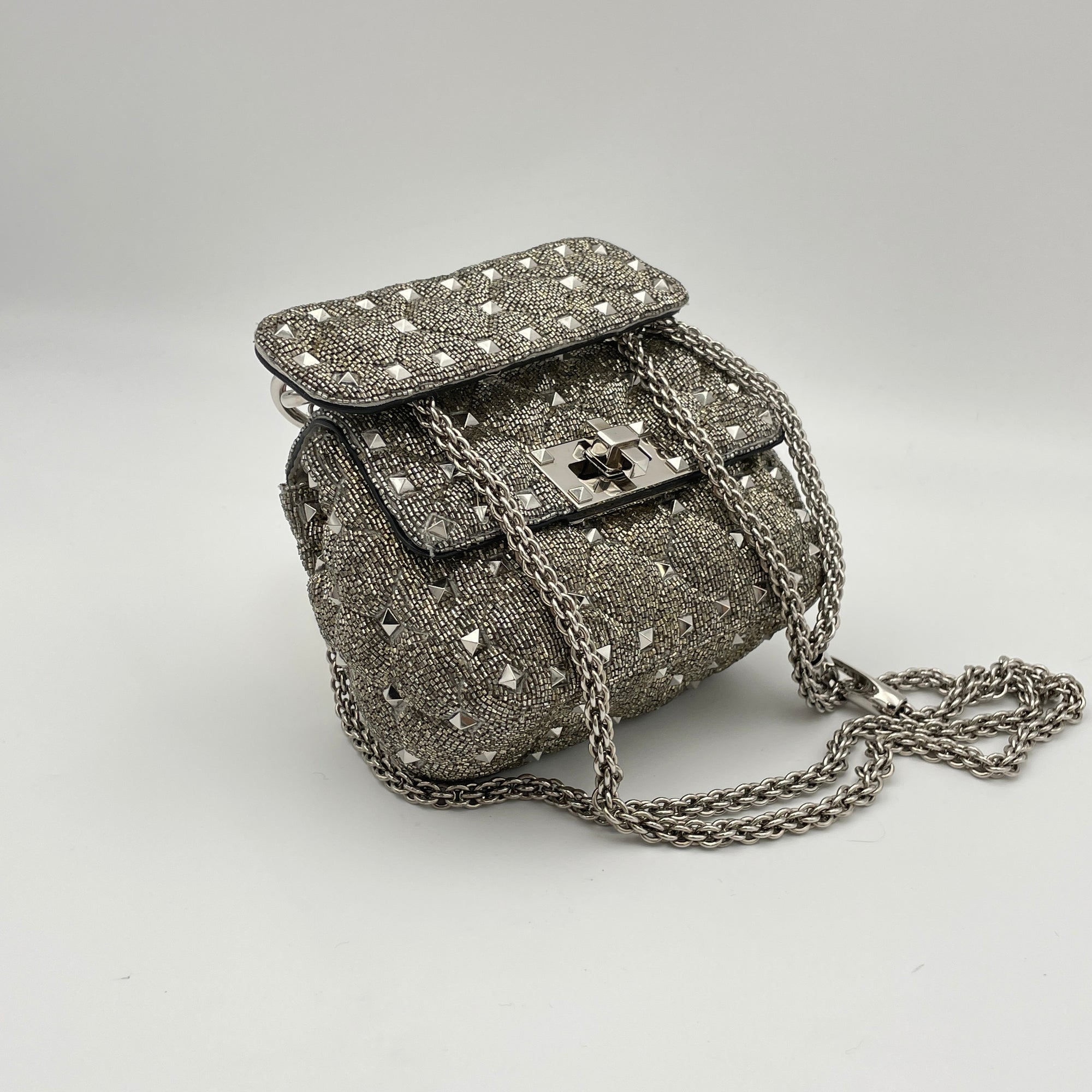 Rockstud Spike Micro Silver Crossbody Bag in Beaded Canvas, Silver hardware