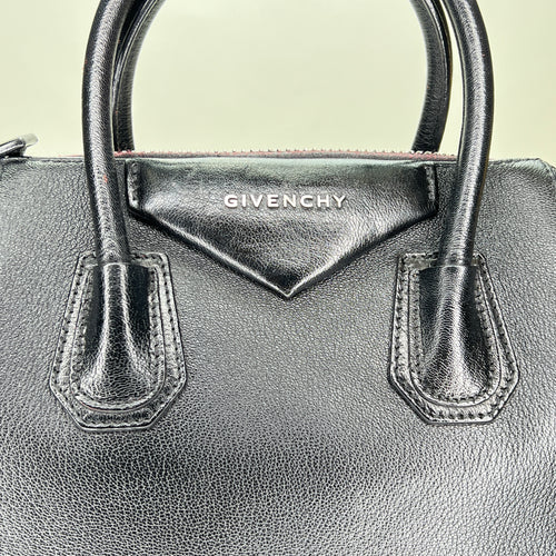 Antigona Small Black Top Handle Bag in Calfskin, Silver hardware