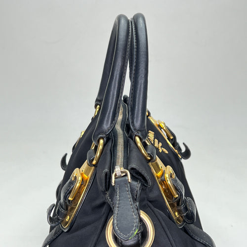 Satchel Black Top Handle Bag in Nylon, Gold hardware