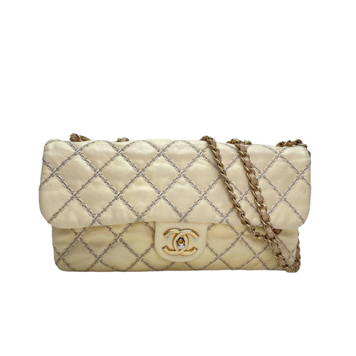 Classic Flap Stitch Cream Shoulder Bag in Calfskin, Gold hardware