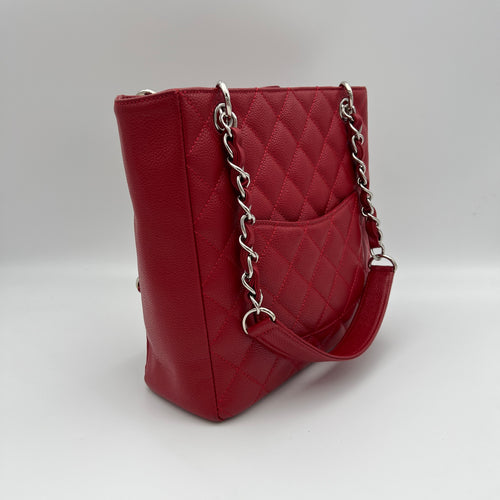 PST Petite Shopping Red Tote Bag in Caviar Leather, Silver hardware