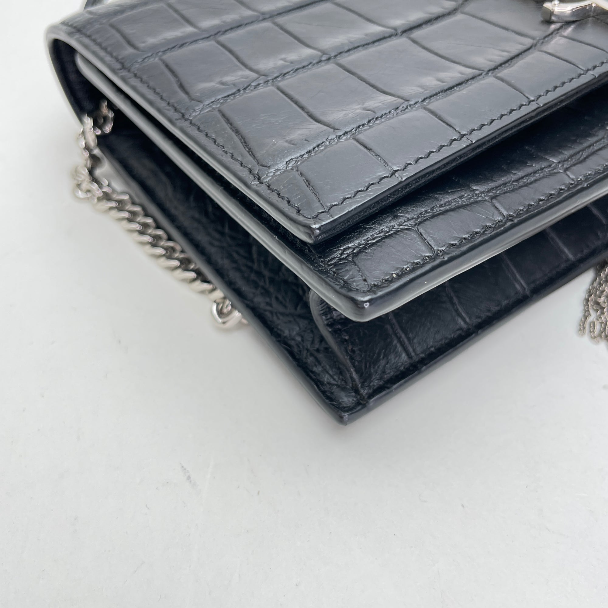 Kate Tassel Small Black Wallet on Chain in Crocodile Embossed Calfskin, Silver hardware