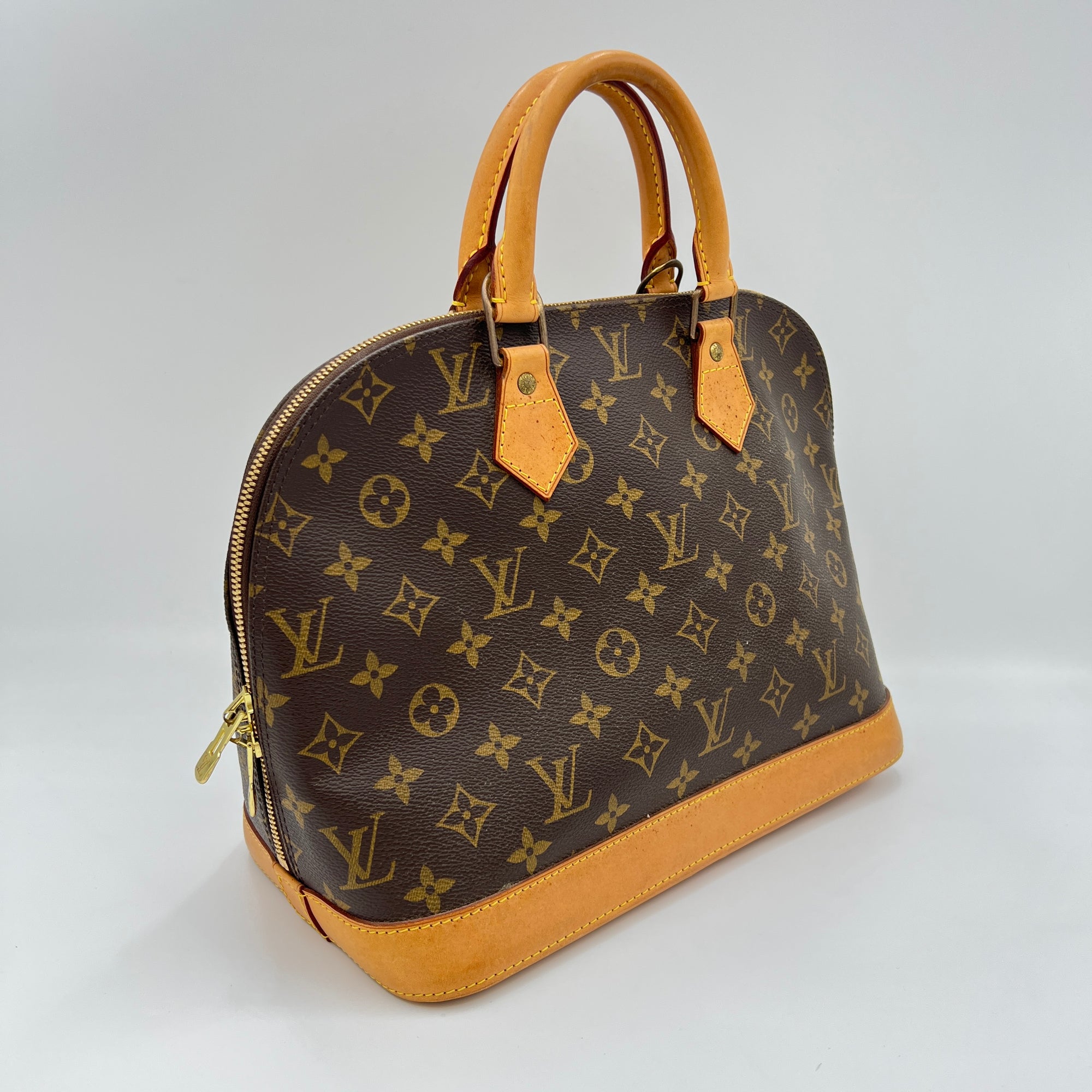 Alma PM Brown Top Handle Bag in Monogram Coated Canvas, Gold hardware