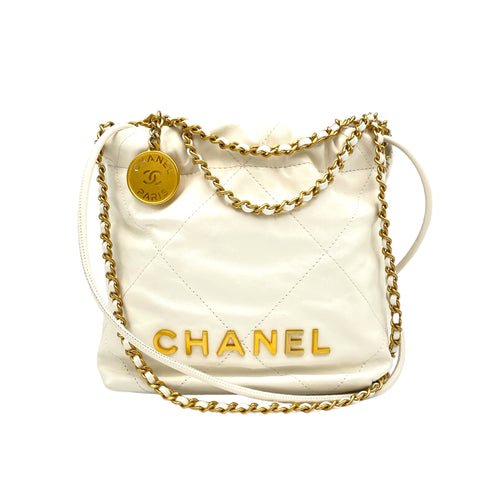 22 Mini White Shoulder Bag in Calfskin, Gold hardware