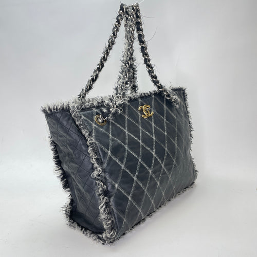 Quilted Tweed Shopper Black Tote Bag in Lambskin, Ruthenium hardware