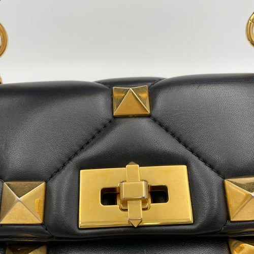 Roman Stud Medium Black Crossbody Bag in Lambskin, Gold hardware