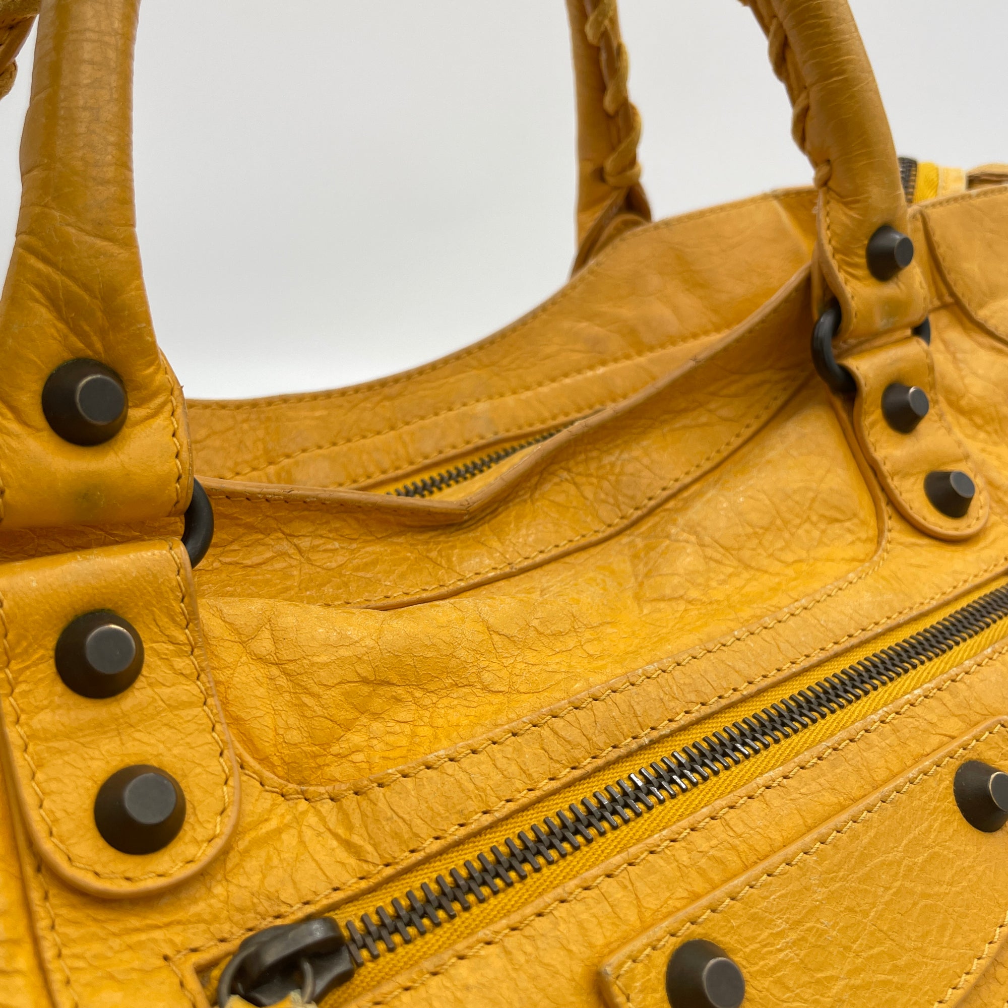 City Yellow Top Handle Bag in Distressed Leather, Antique Brass hardware