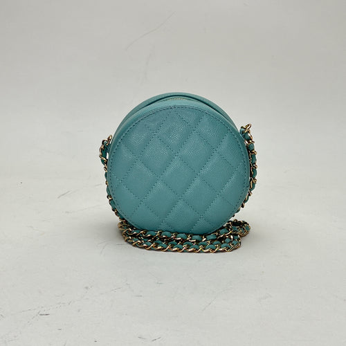 Round Clutch with Chain Blue Crossbody Bag in Caviar Leather, Light Gold hardware