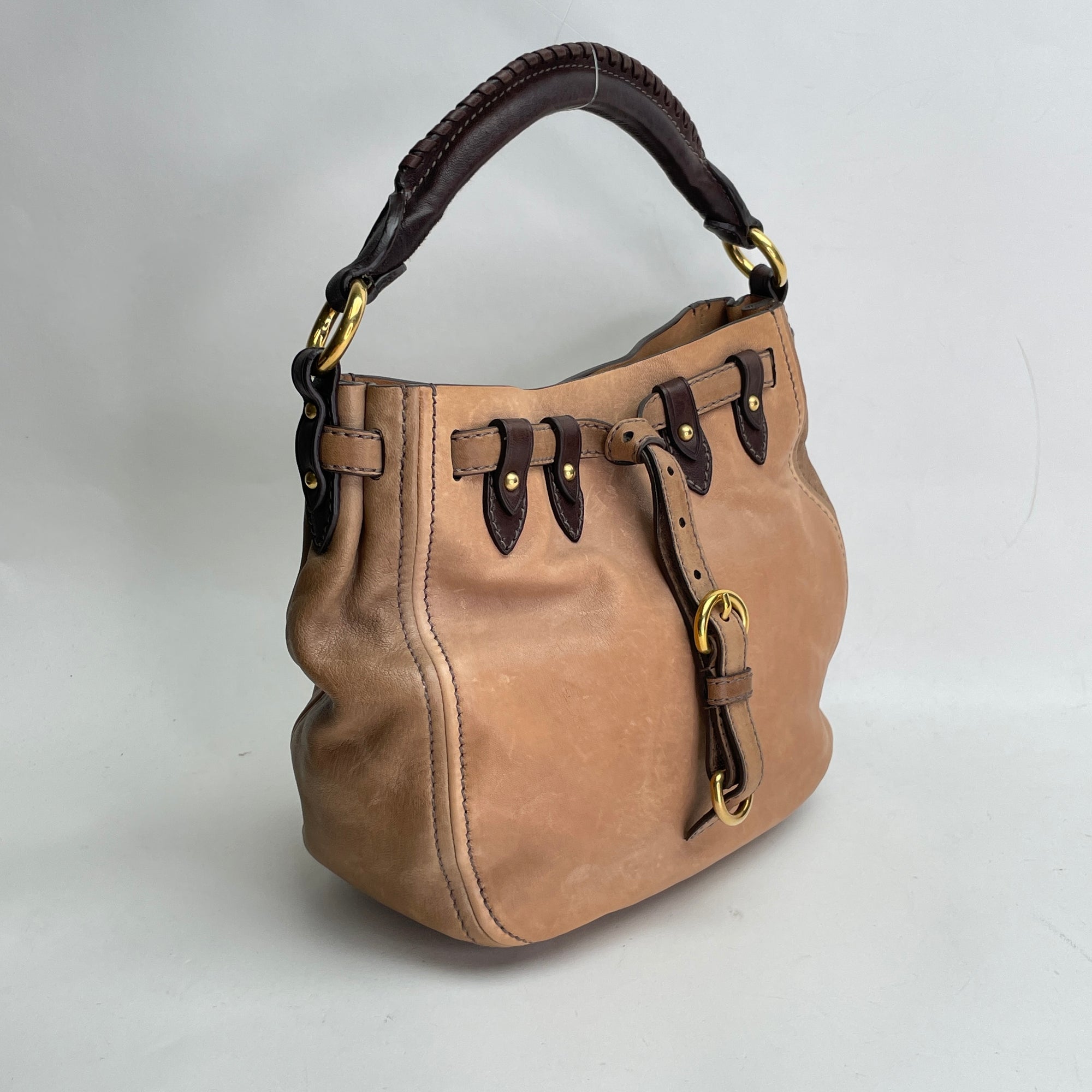 Two Way Bucket Brown Crossbody Bag in Calfskin, Gold hardware