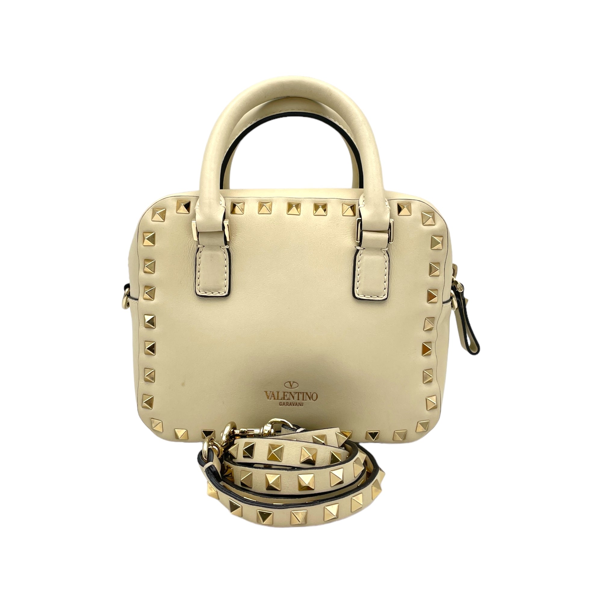 Rockstud Cream Top Handle Bag in Calfskin, Gold hardware