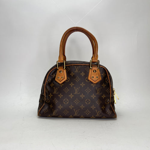 Manhattan PM Brown Top Handle Bag in Monogram Coated Canvas, Gold hardware