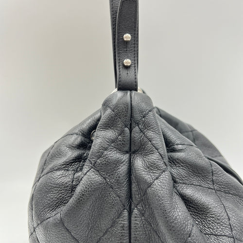 Quilted Drawstring Black Bucket Bag in Calfskin, Silver hardware