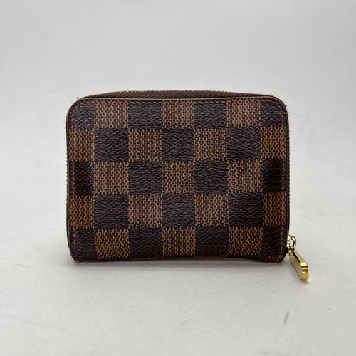 Damier Ebene Zip Brown Wallet in Coated Canvas, Gold hardware