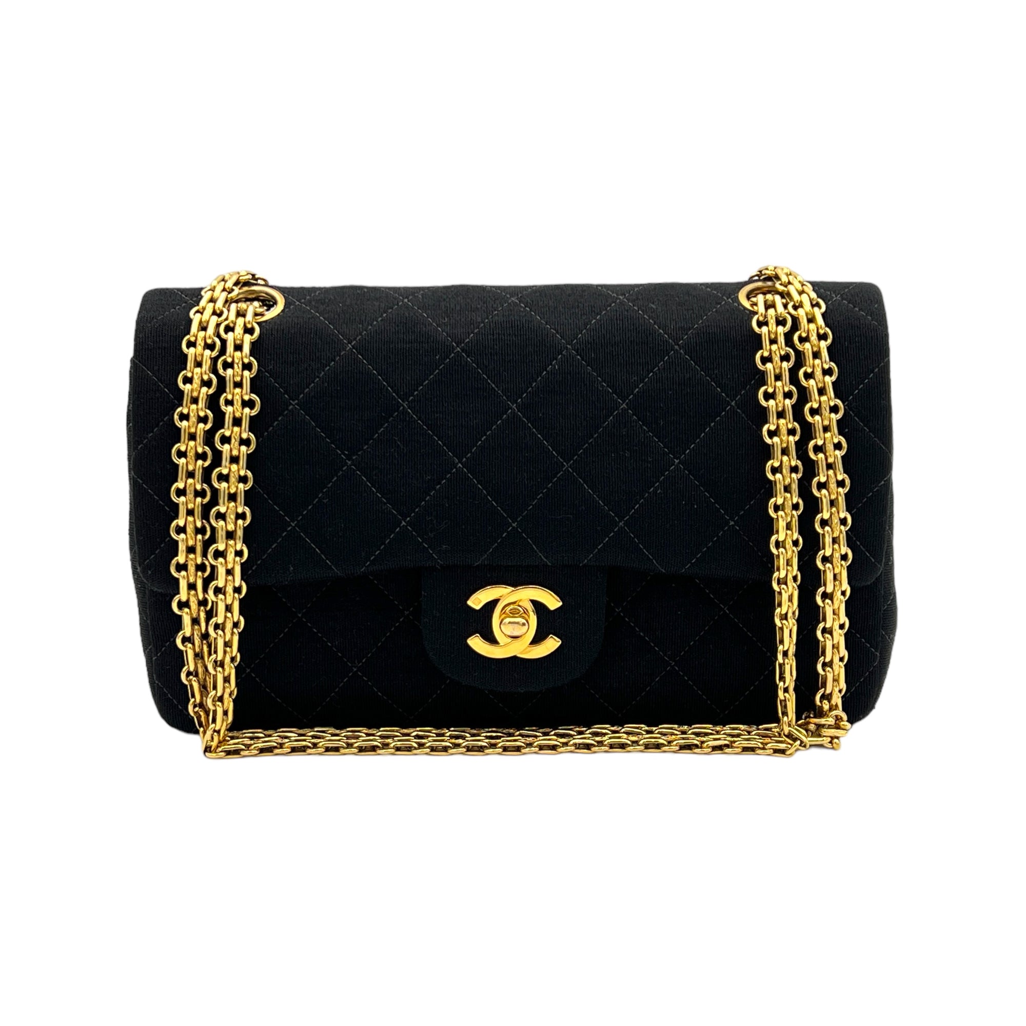 Timeless Classic Flap Small Black Shoulder Bag in Jersey, Gold hardware