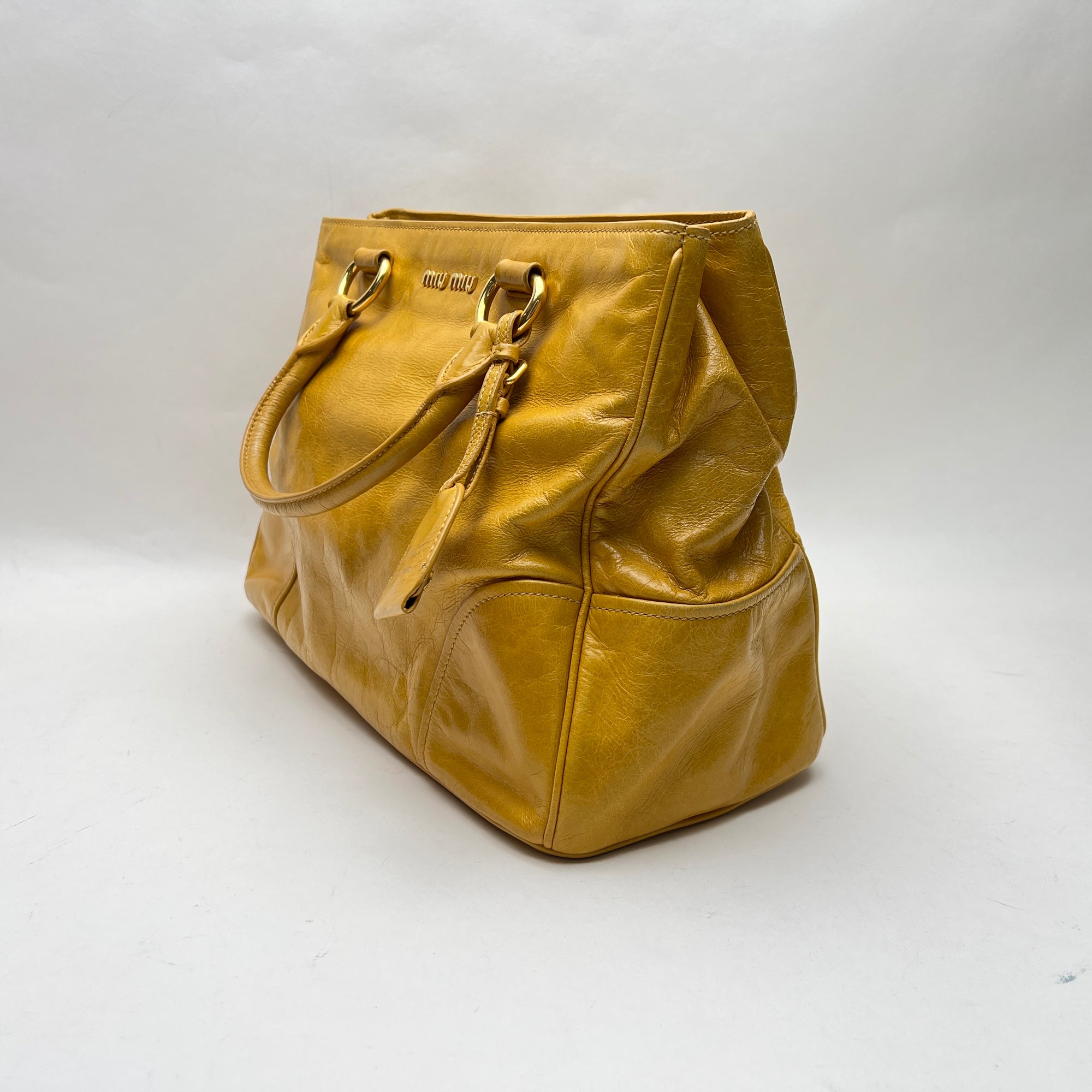 Vitello Shine Yellow Top Handle Bag in Calfskin, Gold hardware