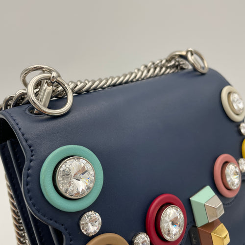 Crystal Studded Kan I Small Navy Crossbody Bag in Calfskin, Silver hardware