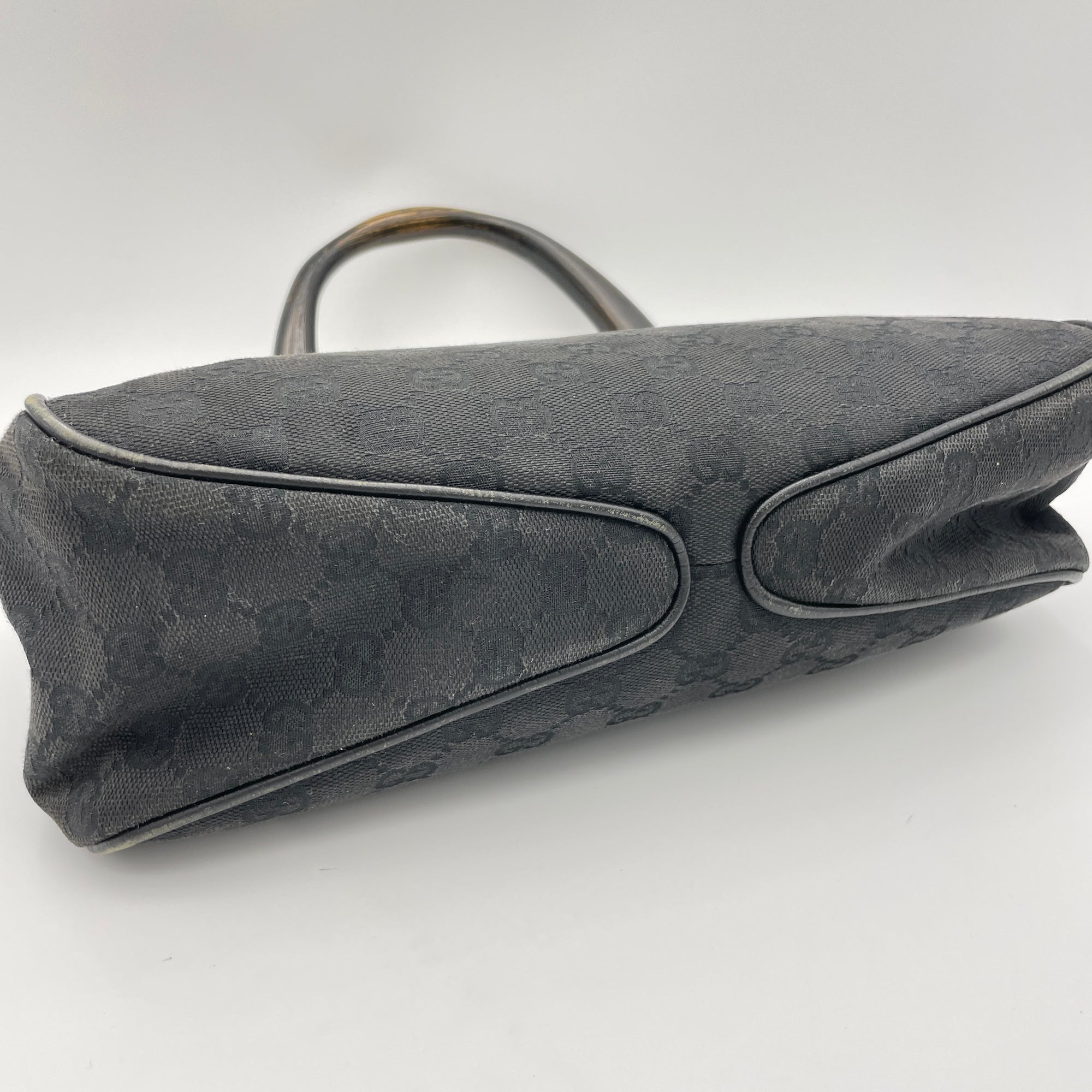 GG Bamboo Black Top Handle Bag in Canvas, Gunmetal hardware