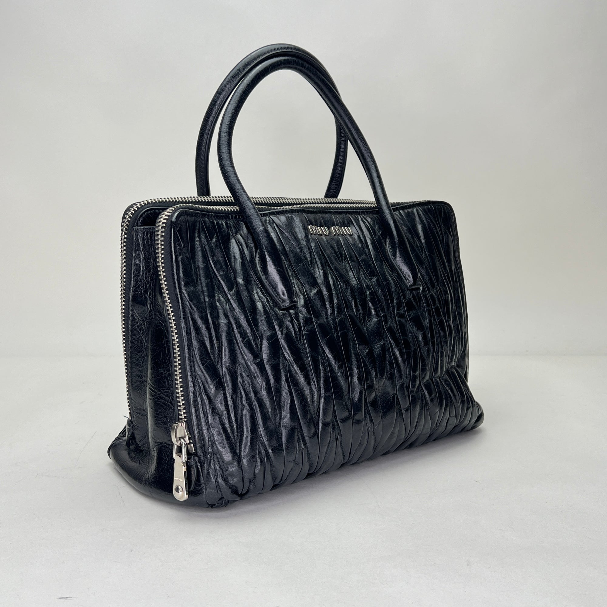 Matelasse Black Top Handle Bag in Distressed Leather, Silver hardware