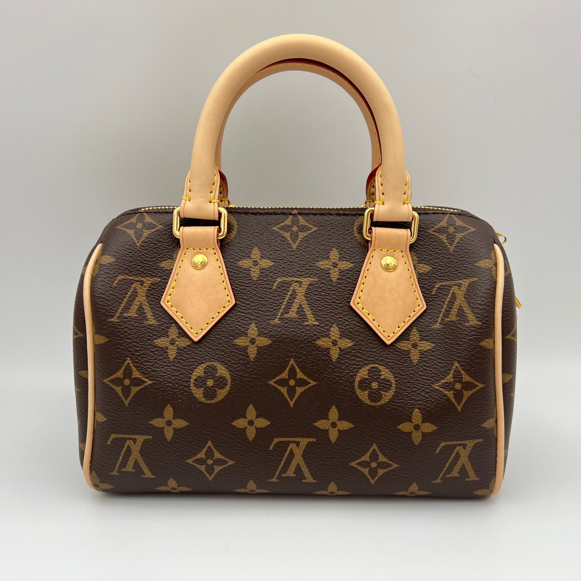 Speedy Bandouliere 20 Brown Top Handle Bag in Monogram Coated Canvas, Gold hardware