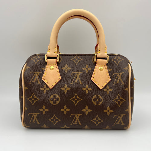 Speedy Bandouliere 20 Brown Top Handle Bag in Monogram Coated Canvas, Gold hardware