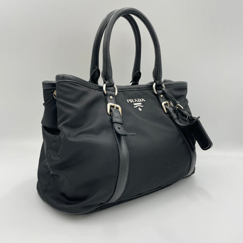 Two-Way Black Top Handle Bag in Nylon, Silver hardware