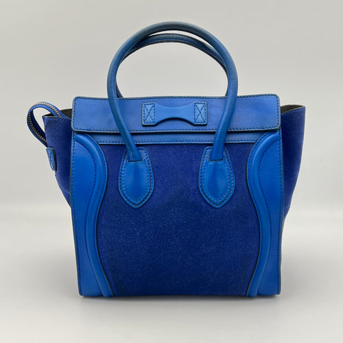 Luggage Micro Blue Top Handle Bag in Suede Leather, Gold hardware