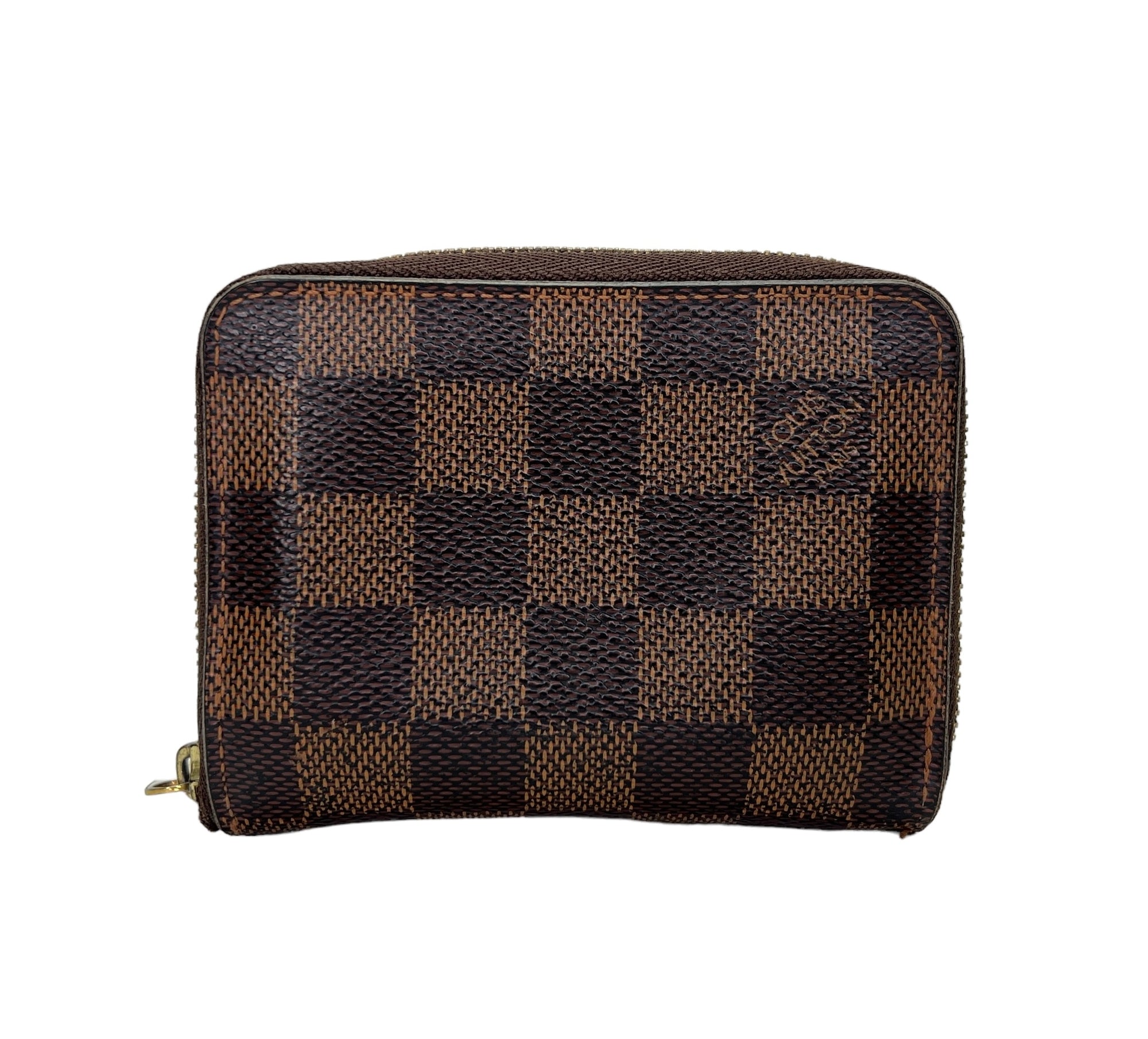 Damier Ebene Zip Brown Wallet in Coated Canvas, Gold hardware