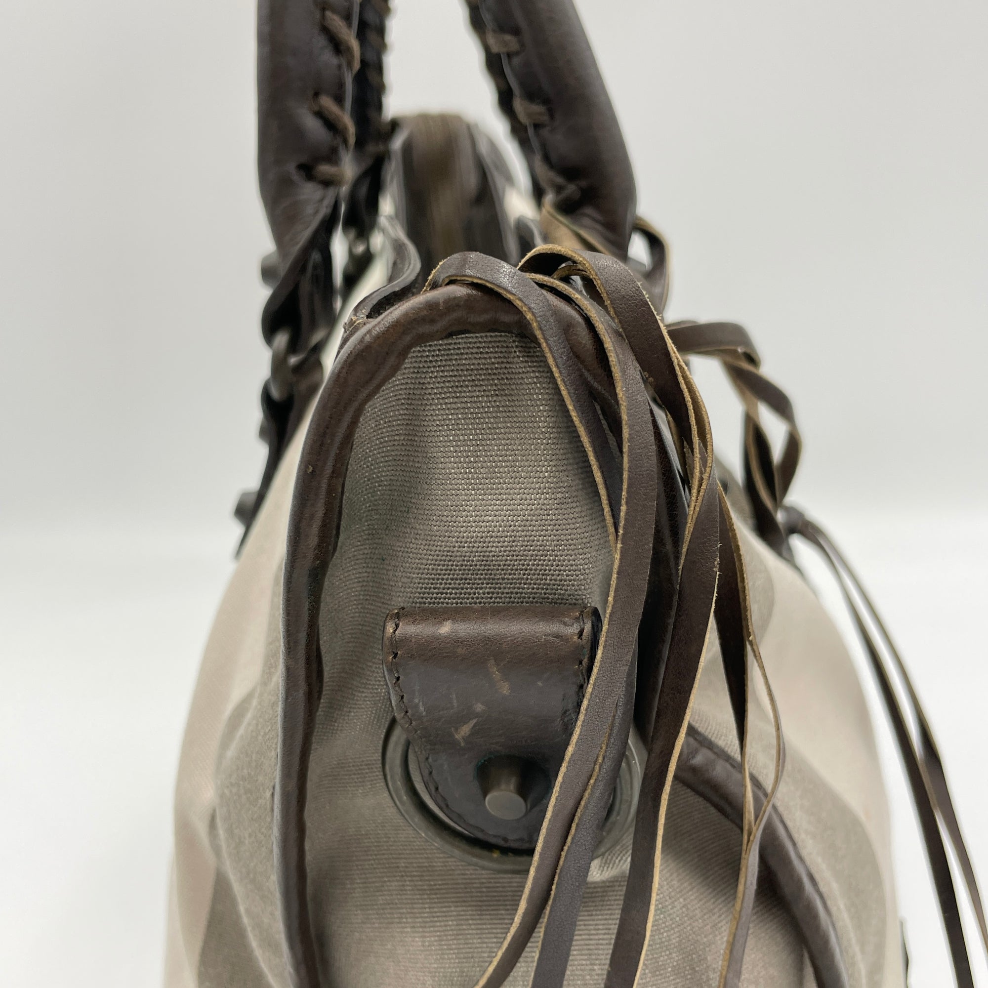 City Bag Brown Top Handle Bag in Canvas, Ruthenium-finish Brass hardware