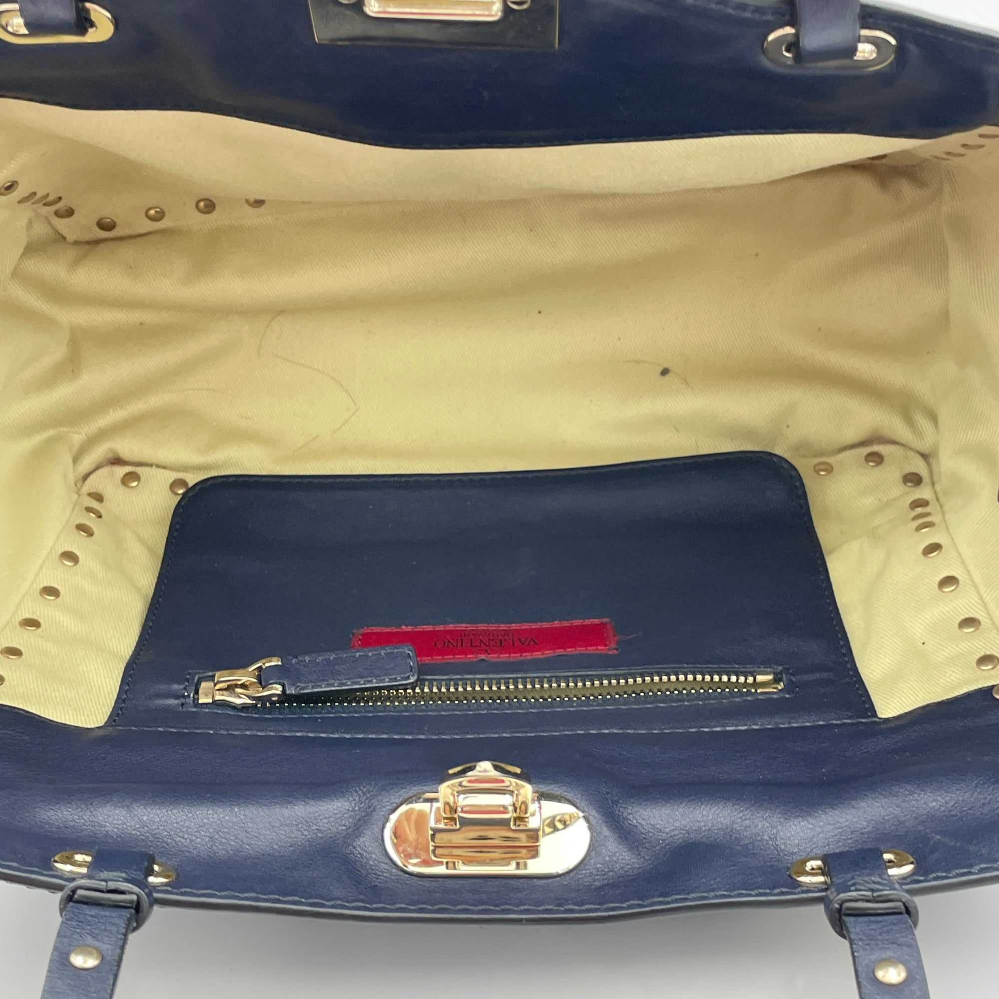 Rockstud Navy Top Handle Bag in Calfskin, Gold hardware