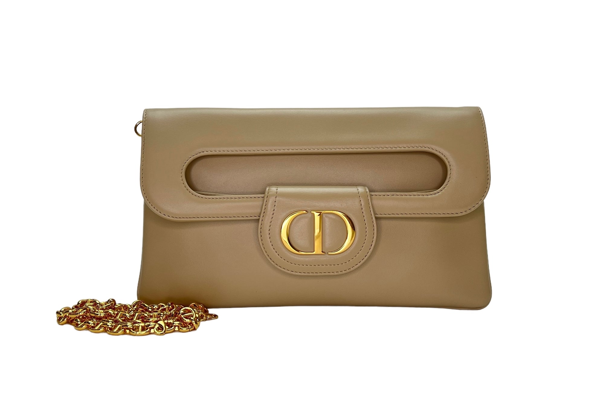 Diordouble Beige Clutch in Calfskin, Gold hardware