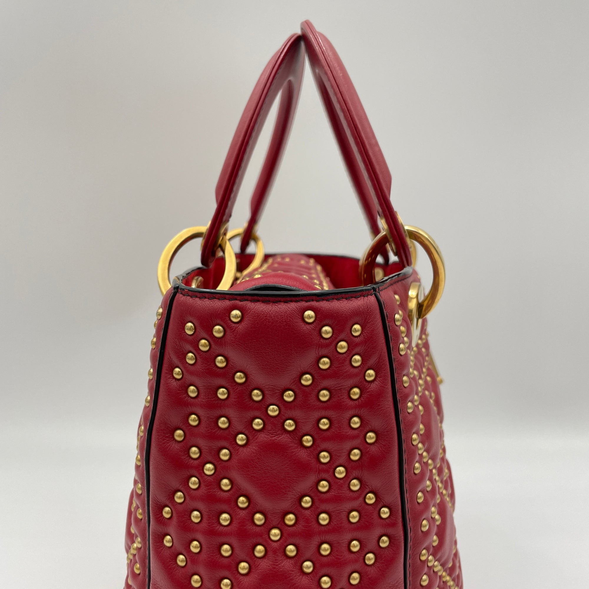 Lady Dior Medium Red Top Handle Bag in Lambskin, Gold hardware