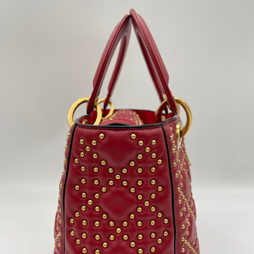 Lady Dior Medium Red Top Handle Bag in Lambskin, Gold hardware