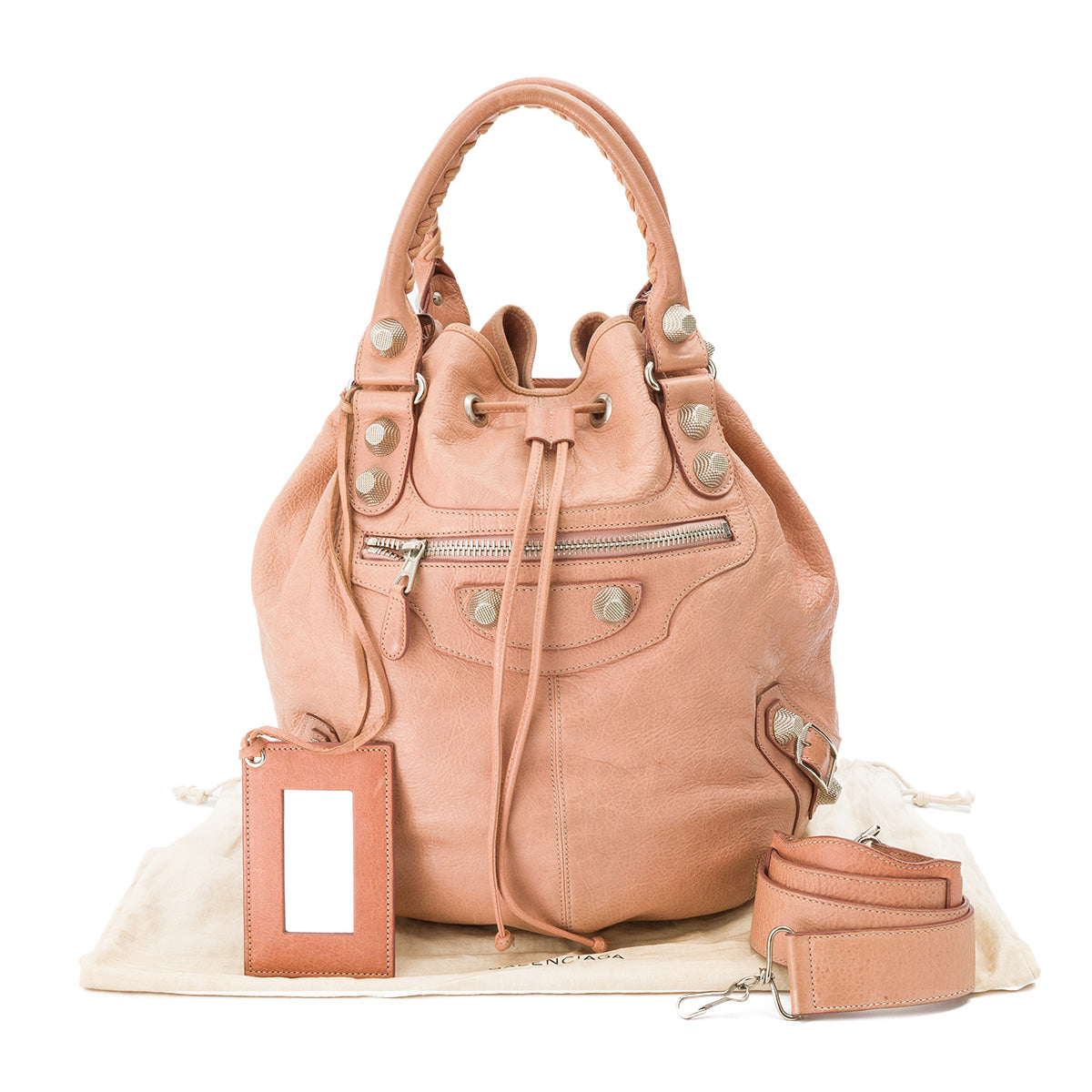 Pompon Hobo Large Pink Shoulder Bag in Distressed Leather, Silver hardware