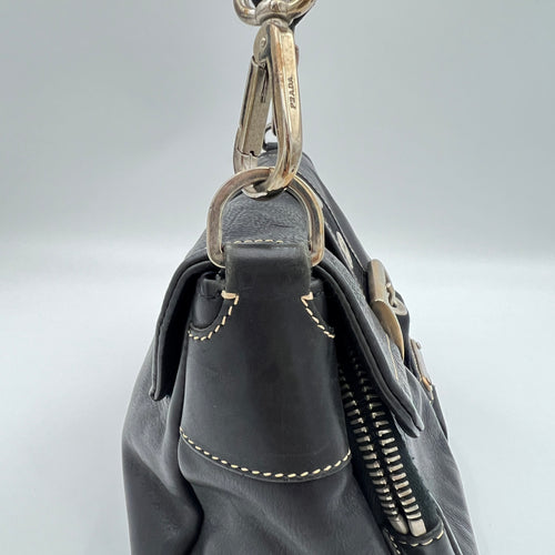 Buckle Flap Black Shoulder Bag in Calfskin, Silver hardware