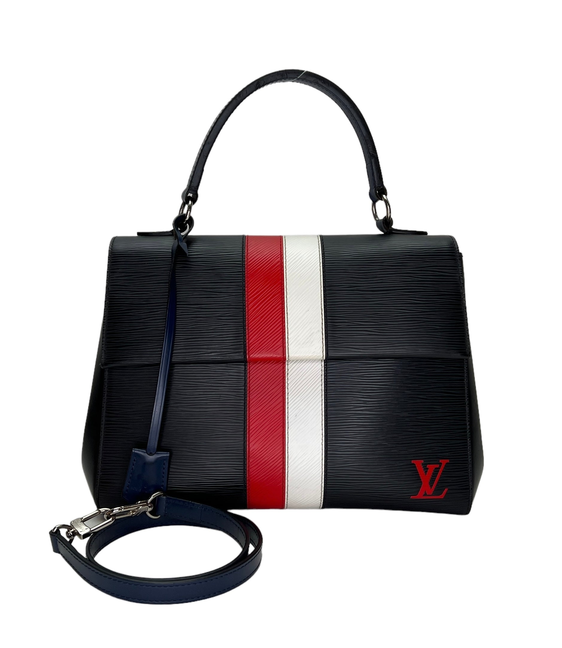 Stripe Cluny MM Black Top Handle Bag in Epi Leather, Silver hardware