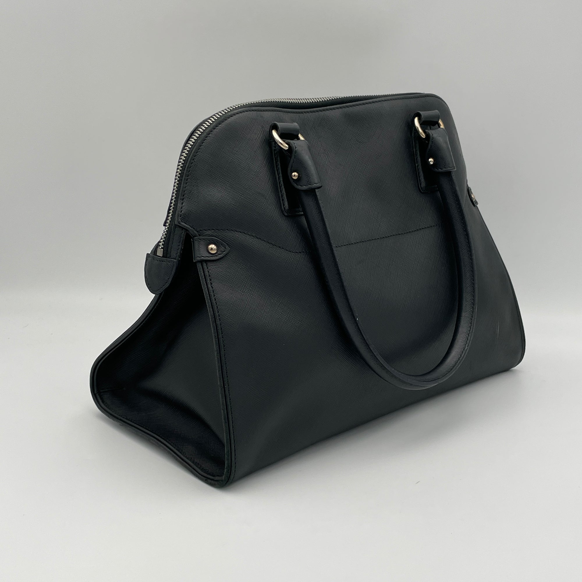 Darina Black Top Handle Bag in Calfskin, Silver hardware