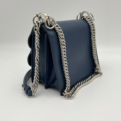 Crystal Studded Kan I Small Navy Crossbody Bag in Calfskin, Silver hardware