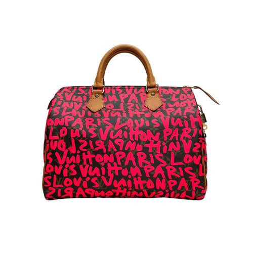 Speedy Graffiti Stephen Sprouse 30 Pink Top Handle Bag in Monogram Coated Canvas, Gold hardware