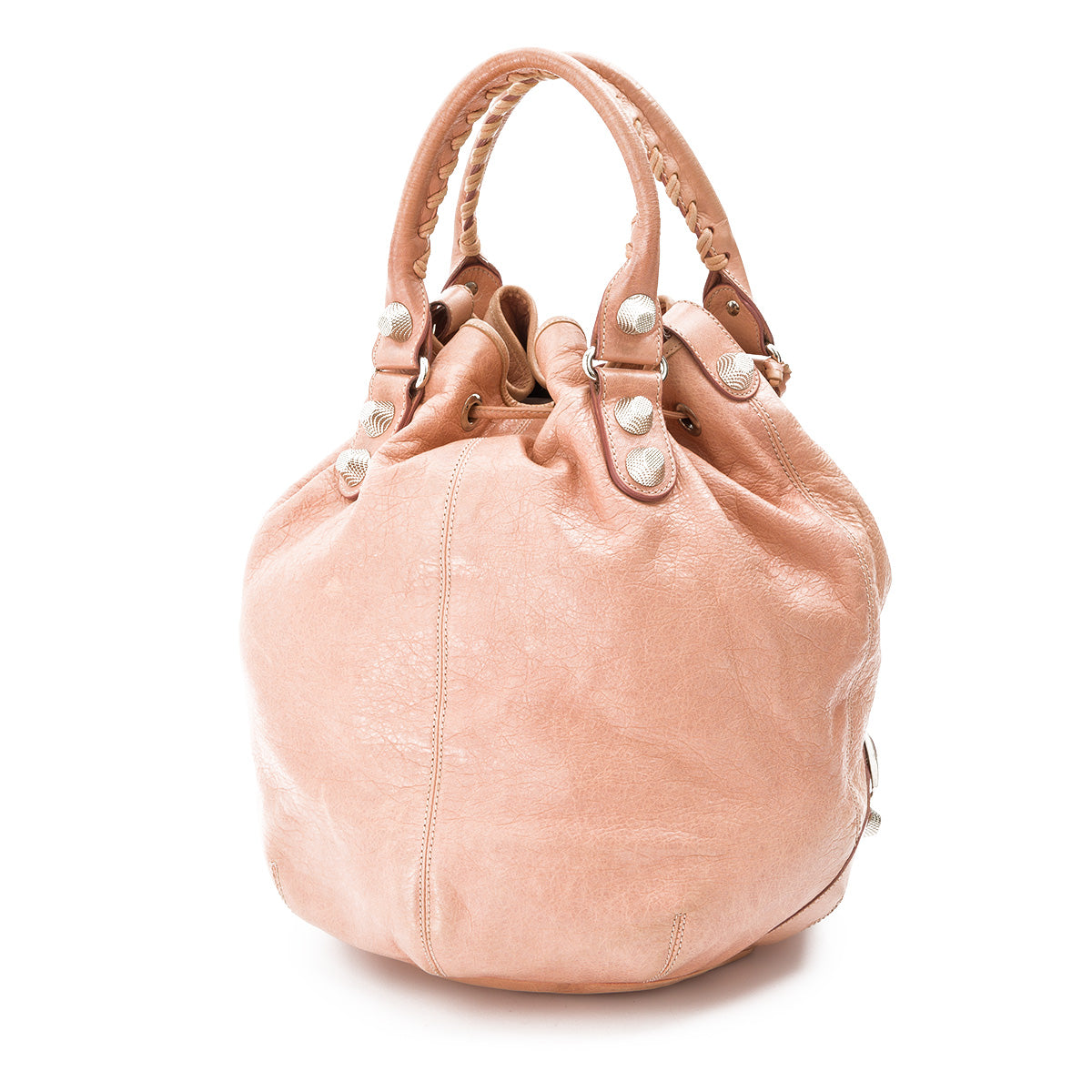 Pompon Hobo Large Pink Shoulder Bag in Distressed Leather, Silver hardware