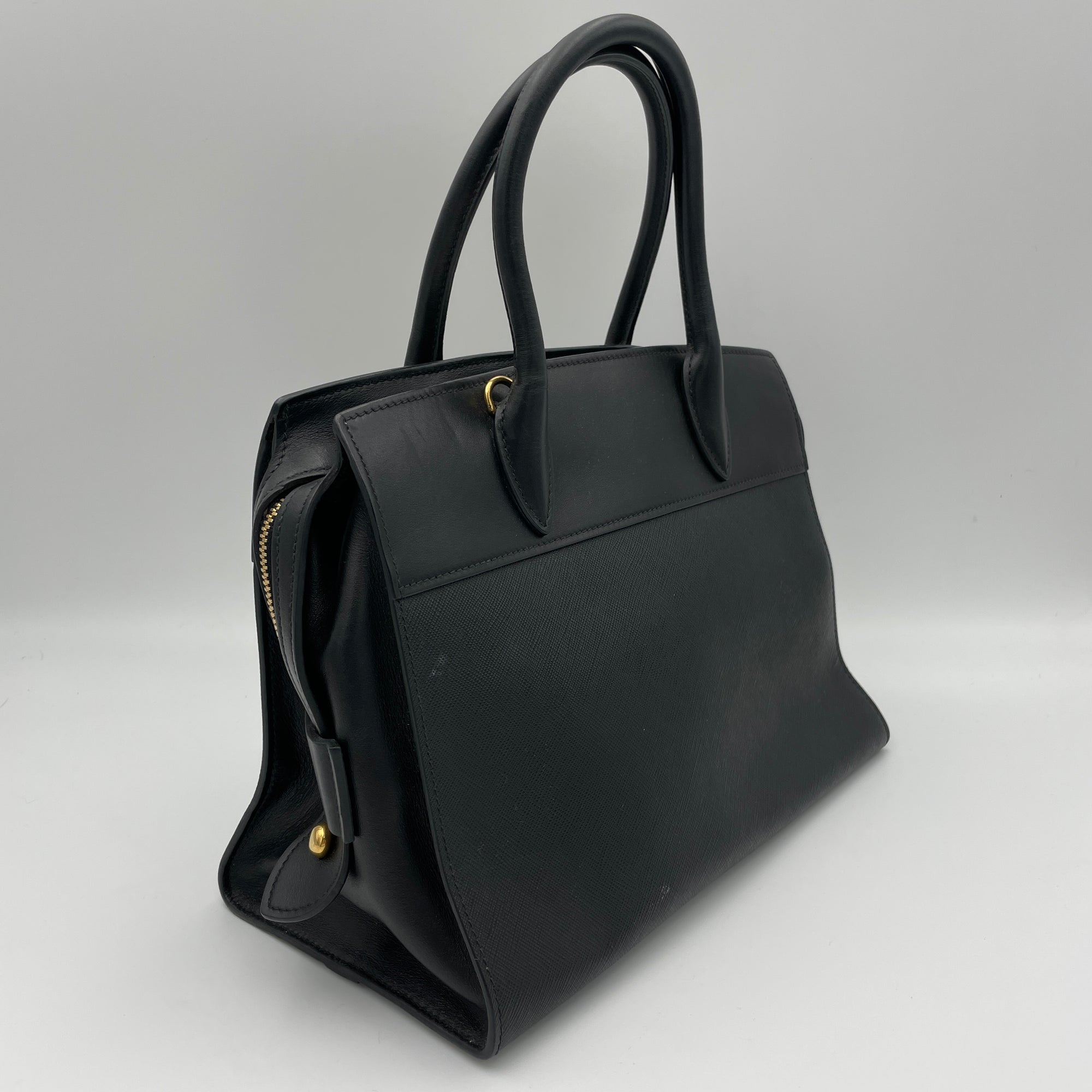 Esplanade Black Top Handle Bag in Saffiano Leather, Gold hardware