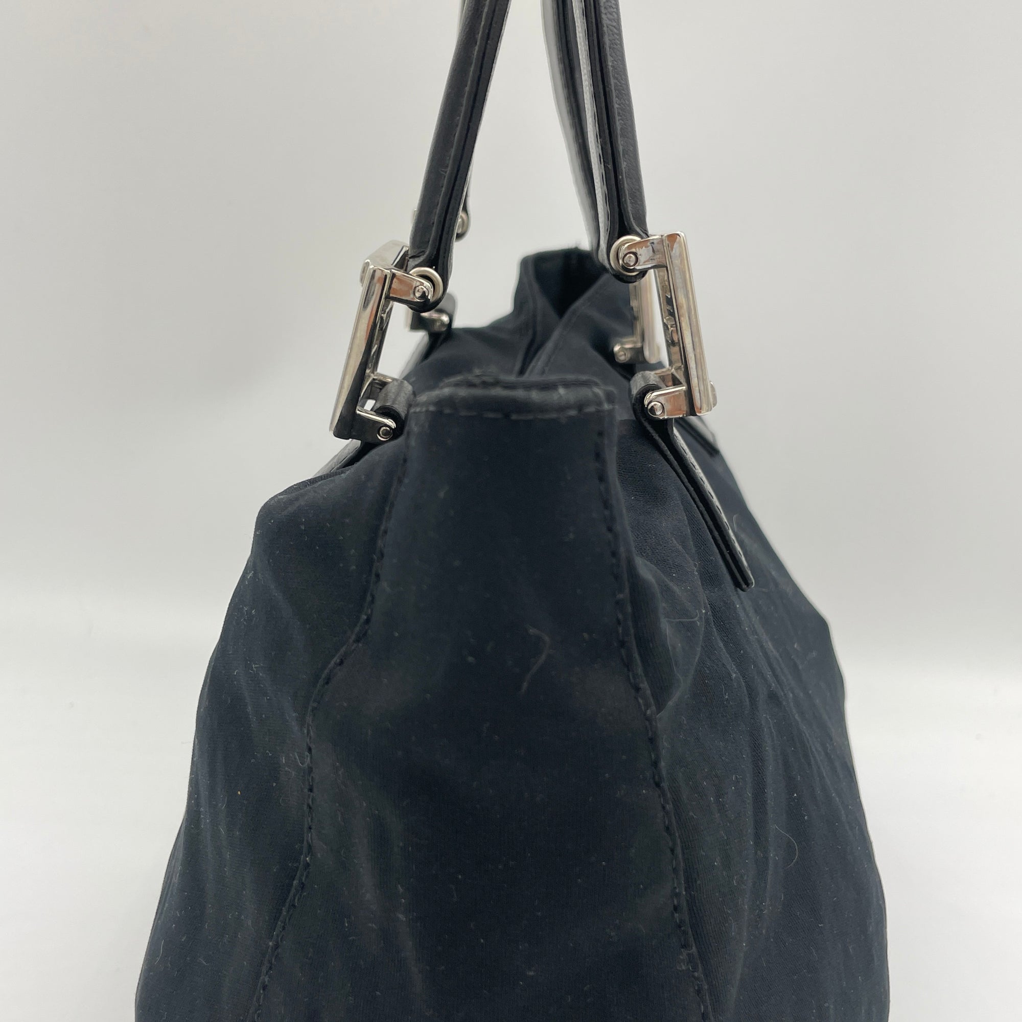 Twin Black Top Handle Bag in Nylon, Silver hardware