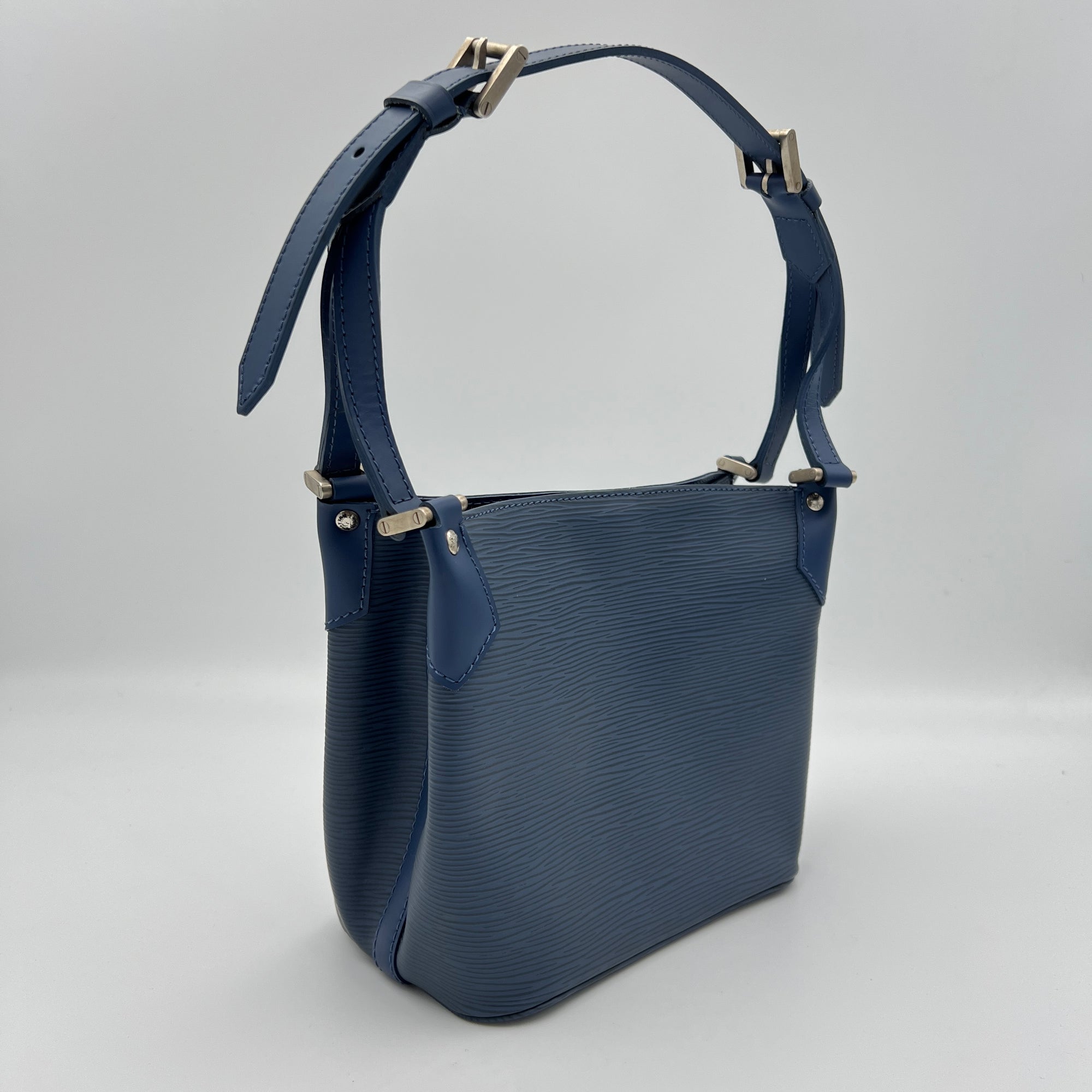 Mandara Blue Top Handle Bag in Epi Leather, Brushed Silver hardware